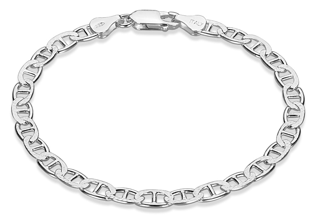 5mm-6mm Solid .925 Sterling Silver Diamond-Cut Mariner Chain Link Bracelet 7-8" Made in Italy