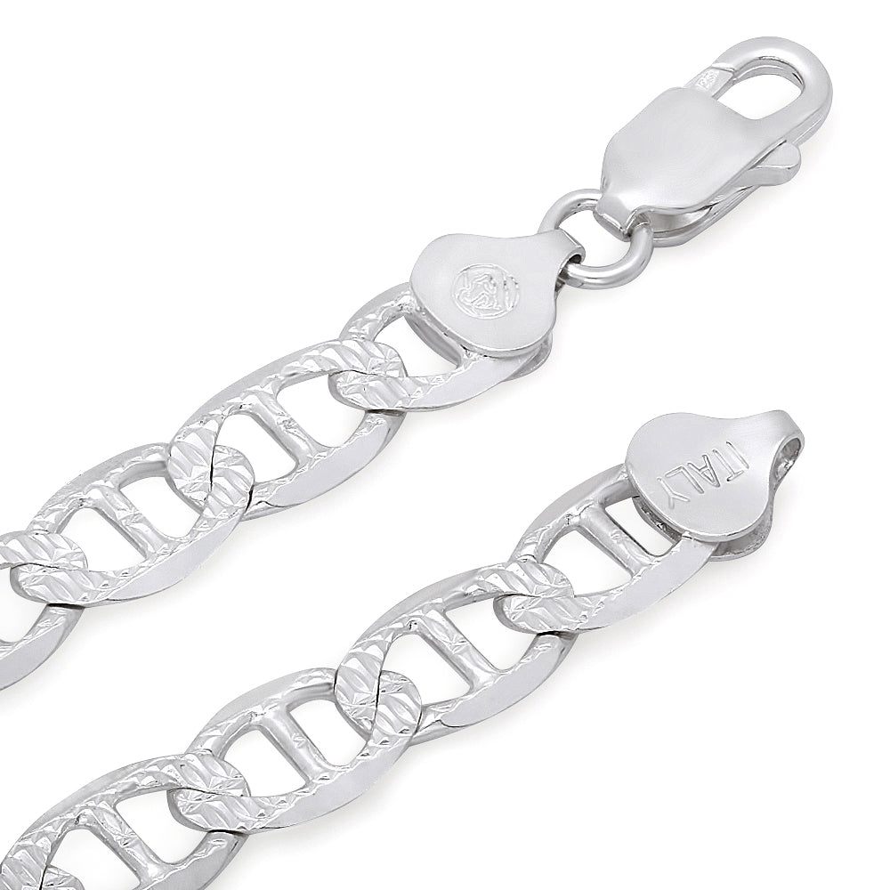 6.3mm .925 Sterling Silver Diamond-Cut Flat Mariner Chain Necklace + Bracelet Set