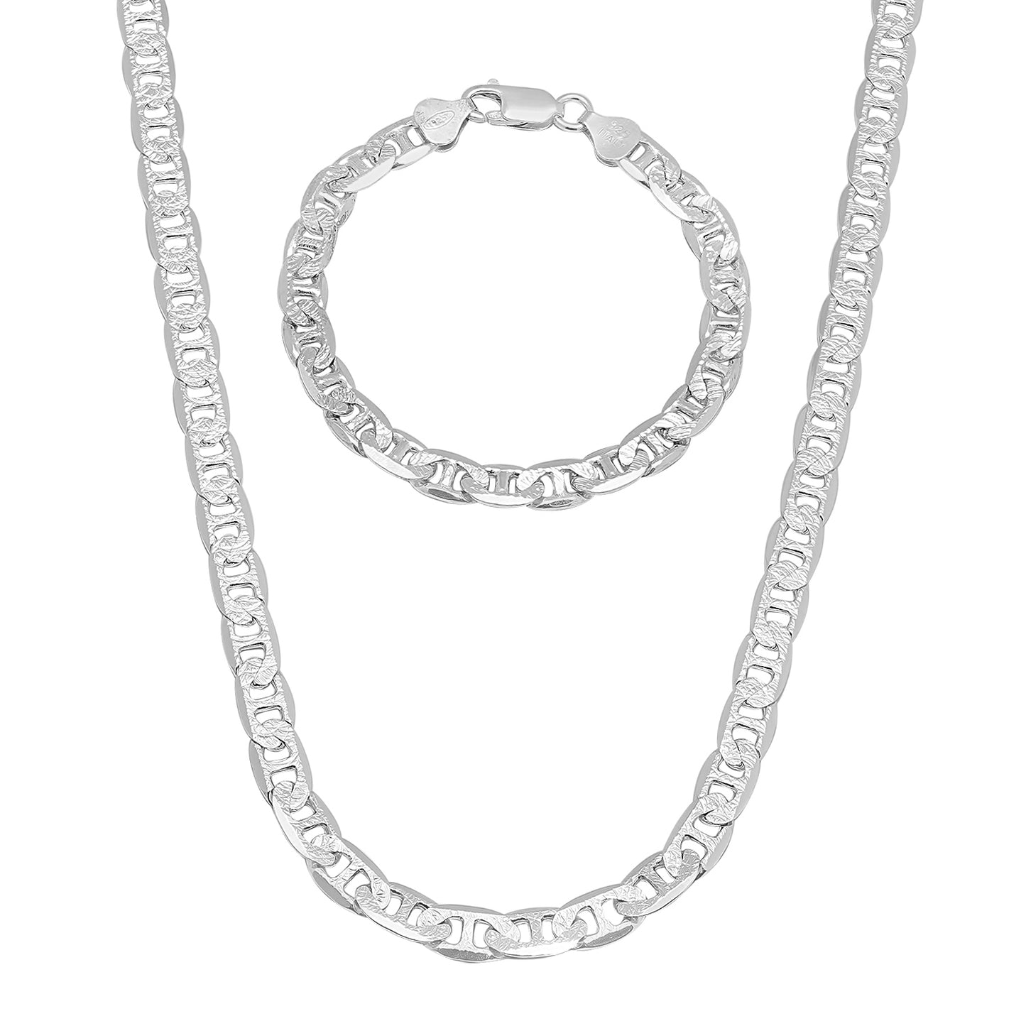 6.3mm .925 Sterling Silver Diamond-Cut Flat Mariner Chain Necklace + Bracelet Set