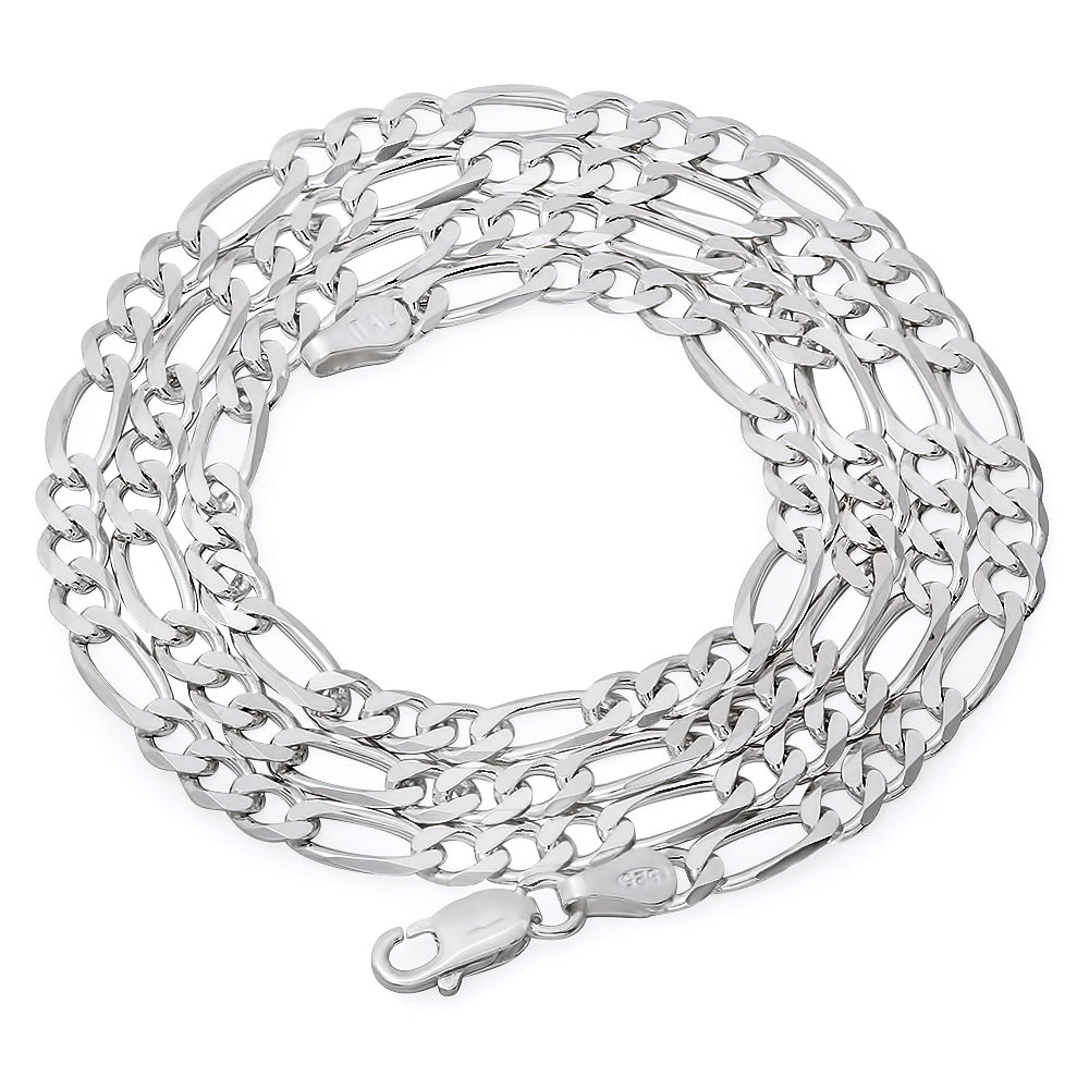 4mm Solid .925 Sterling Silver Flat Figaro Chain Necklace + Gift Box