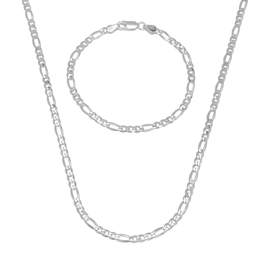 4mm Solid .925 Sterling Silver Flat Figaro Chain Necklace + Bracelet Set