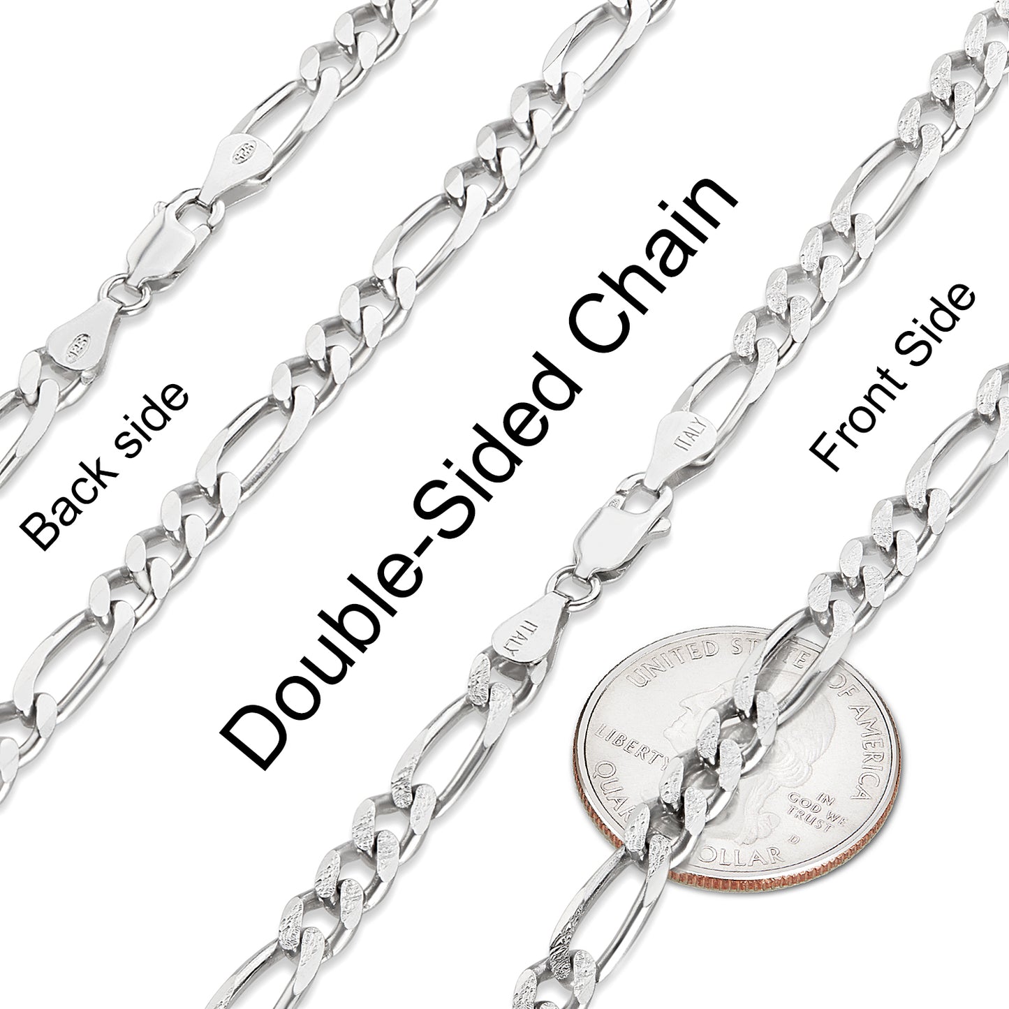 5mm-10mm .925 Sterling Silver Diamond-Cut Flat Figaro Chain Necklace or Bracelet