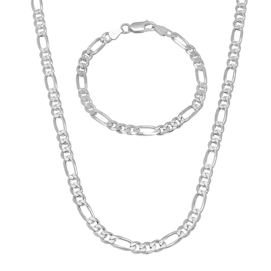 5.2mm .925 Sterling Silver Diamond-Cut Flat Figaro Chain Necklace + Bracelet Set