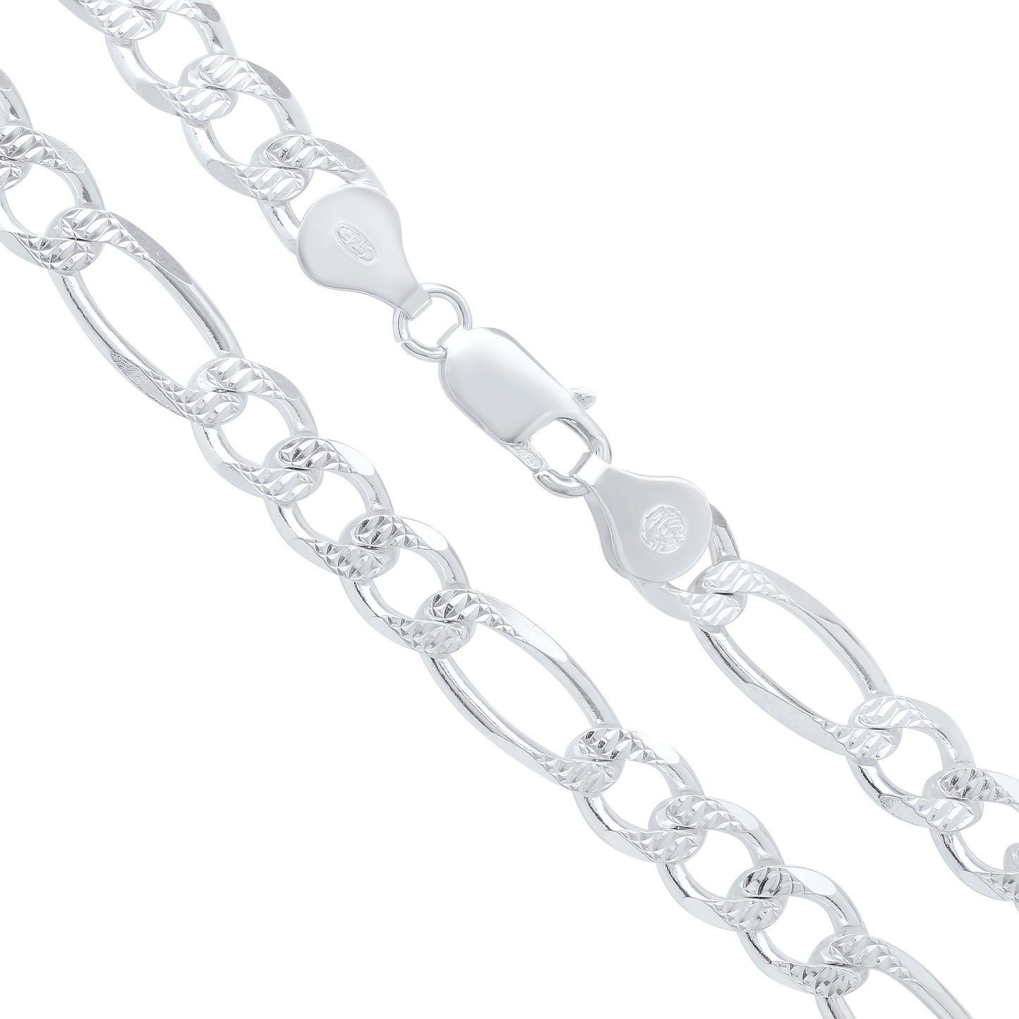 Men's 7mm .925 Sterling Silver Diamond-Cut Flat Figaro Chain Necklace + Gift Box