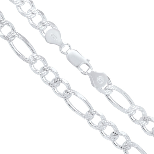 Men's 7mm .925 Sterling Silver Diamond-Cut Flat Figaro Chain Necklace + Gift Box (SKU: NC1019-BX)