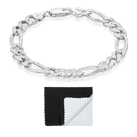 8.1mm Diamond-Cut Rhodium Plated Silver Flat Figaro Chain Bracelet