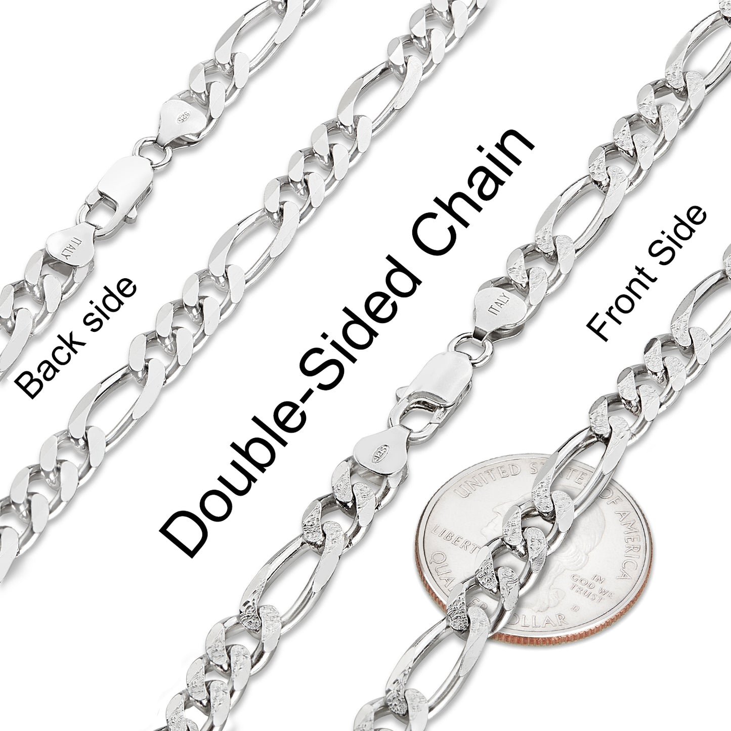 5mm-10mm .925 Sterling Silver Diamond-Cut Flat Figaro Chain Necklace or Bracelet