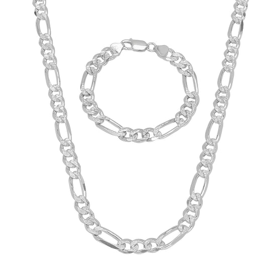 8.1mm .925 Sterling Silver Diamond-Cut Flat Figaro Chain Necklace + Bracelet Set