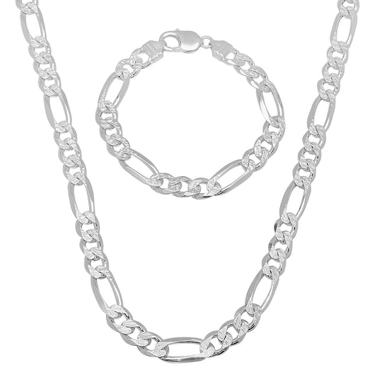 Men's 9.5mm .925 Sterling Silver Diamond-Cut Flat Figaro Chain Necklace + Bracelet Set