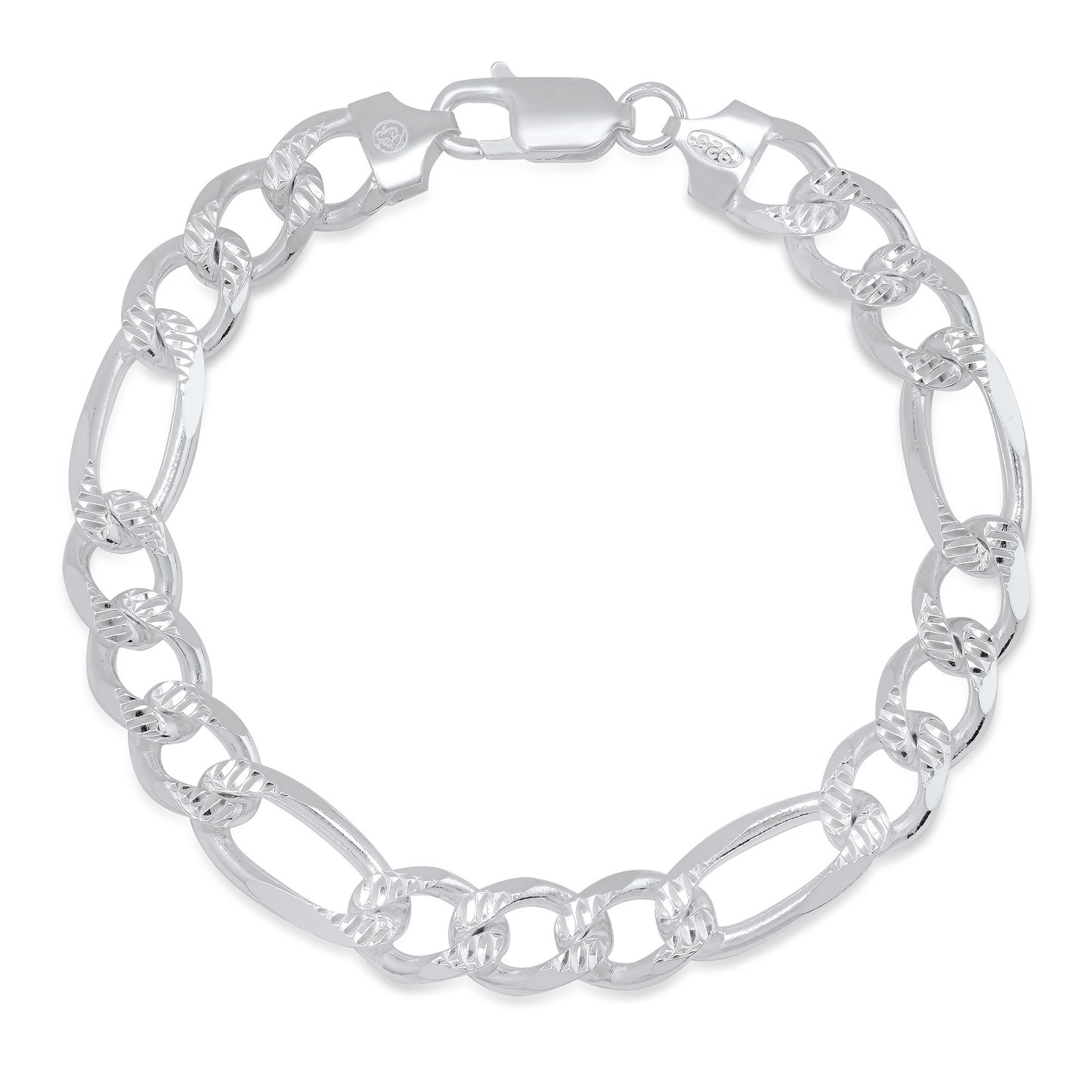 5mm-10mm .925 Sterling Silver Diamond-Cut Flat Figaro Chain Bracelet