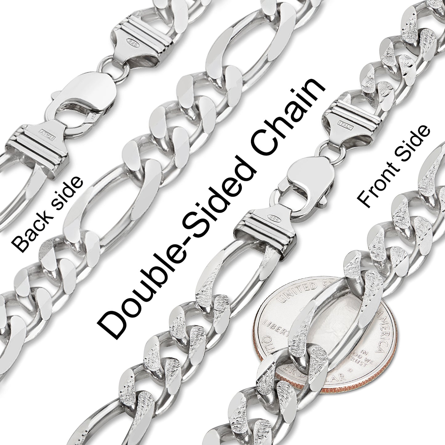 5mm-10mm .925 Sterling Silver Diamond-Cut Flat Figaro Chain Necklace or Bracelet