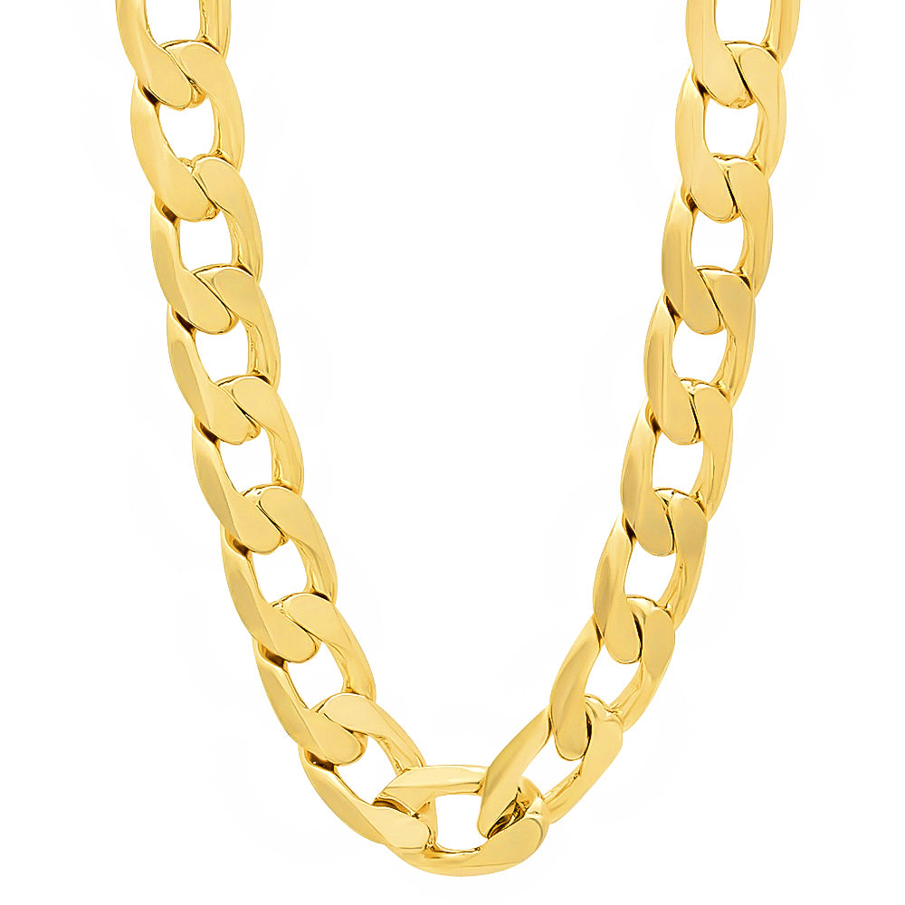 13mm 14k Yellow Gold Plated Flat Cuban Link Curb Chain Necklace