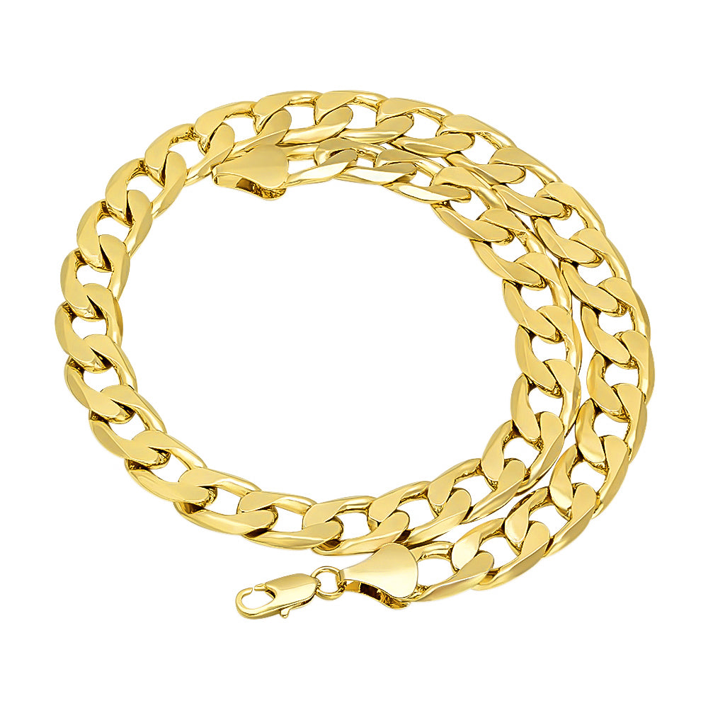 13mm 14k Yellow Gold Plated Flat Cuban Link Curb Chain Necklace