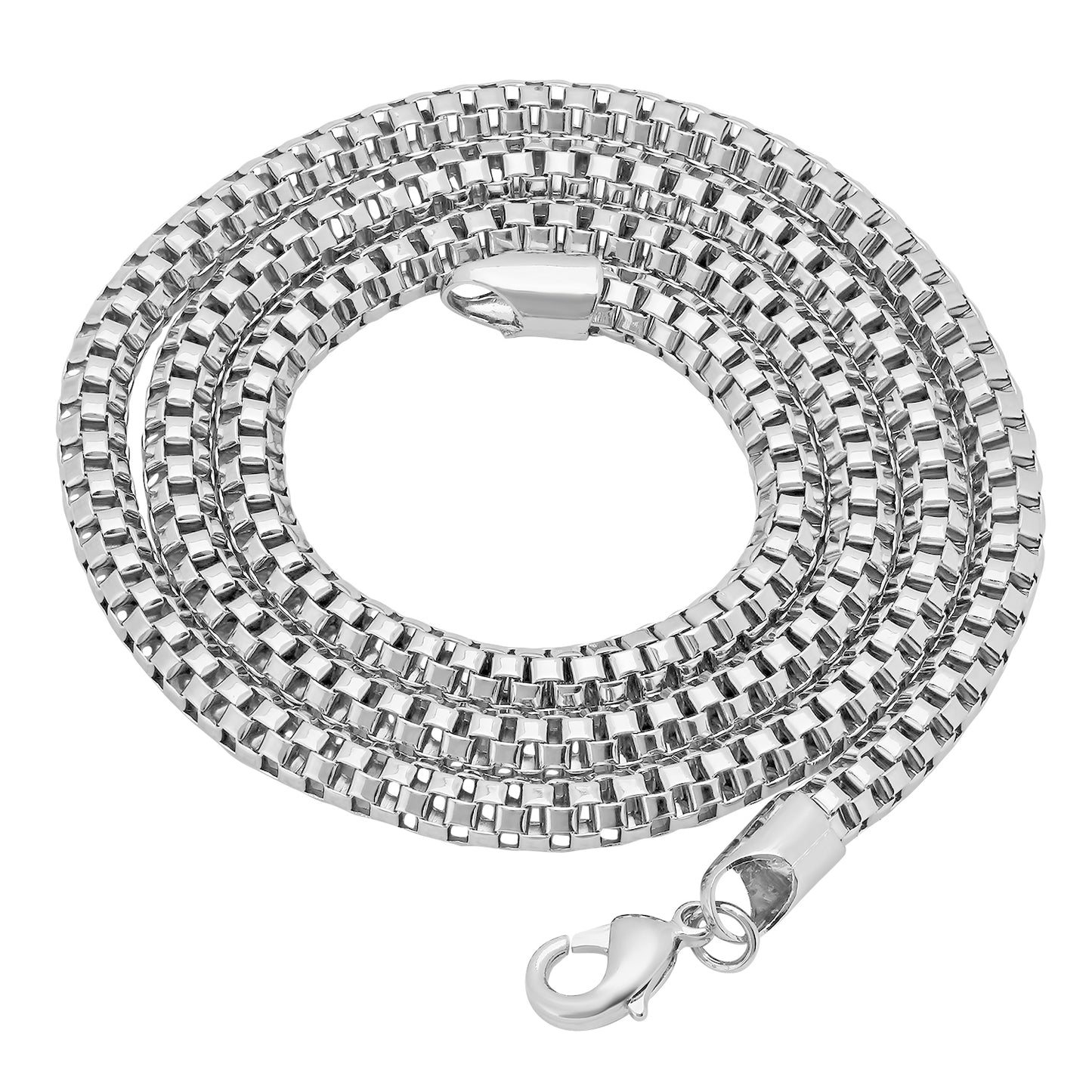 4mm High-Polished 0.16 mils (4 microns) Rhodium Brass Square Box Chain Necklace, 20'-40' + Jewelry Cloth & Pouch (SKU: NEC460)