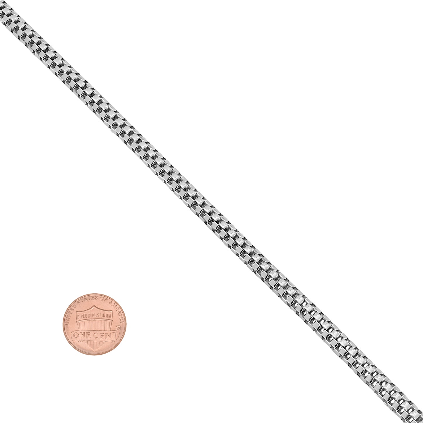 4mm High-Polished 0.16 mils (4 microns) Rhodium Brass Square Box Chain Necklace, 20'-40' + Jewelry Cloth & Pouch (SKU: NEC460)