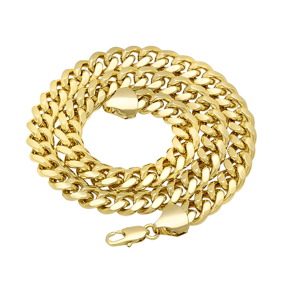 10.5mm 14k Yellow Gold Plated Flat Cuban Link Curb Chain Necklace