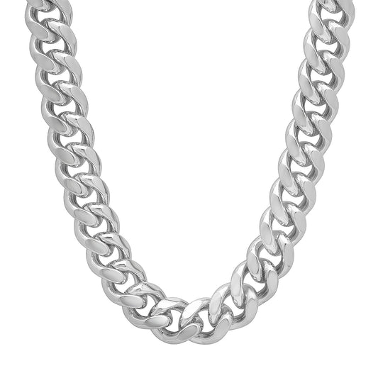 11mm Rhodium Plated Flat Cuban Link Curb Chain Necklace