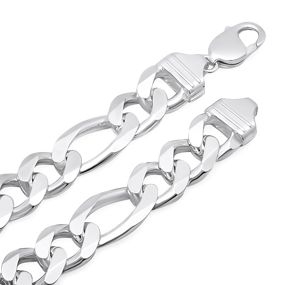 13.5mm Solid .925 Sterling Silver Flat Figaro Chain Necklace