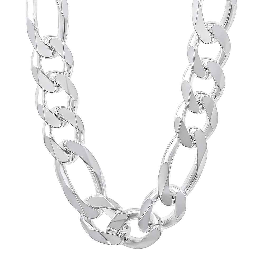 13.5mm Solid .925 Sterling Silver Flat Figaro Chain Necklace