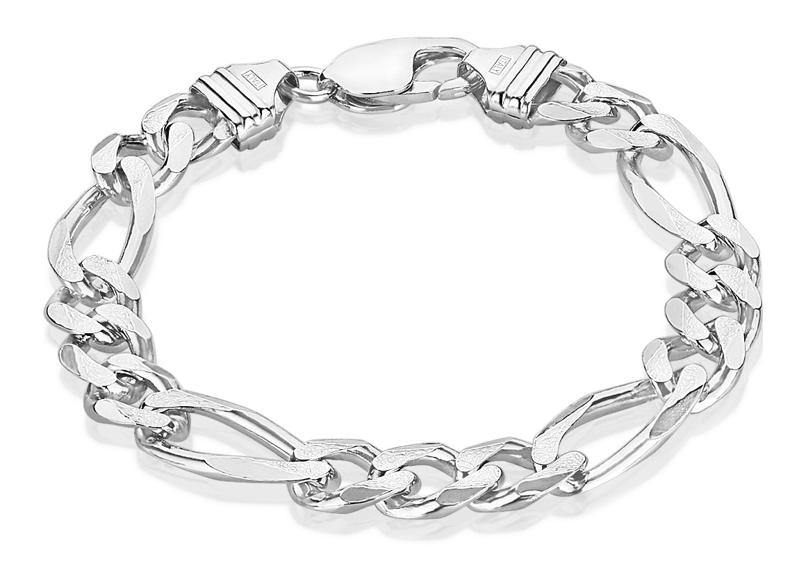 Men's 9.3mm Rhodium Plated Silver Flat Figaro Chain Bracelet