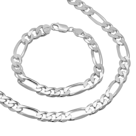 Men's 9.3mm Solid .925 Sterling Silver Flat Figaro Chain Necklace + Bracelet Set