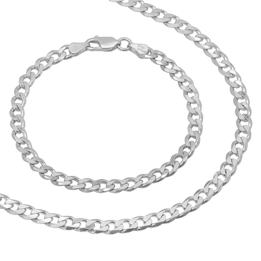 5mm Solid .925 Sterling Silver Flat Cuban Link Curb Chain Necklace + Bracelet Set + Gift Box