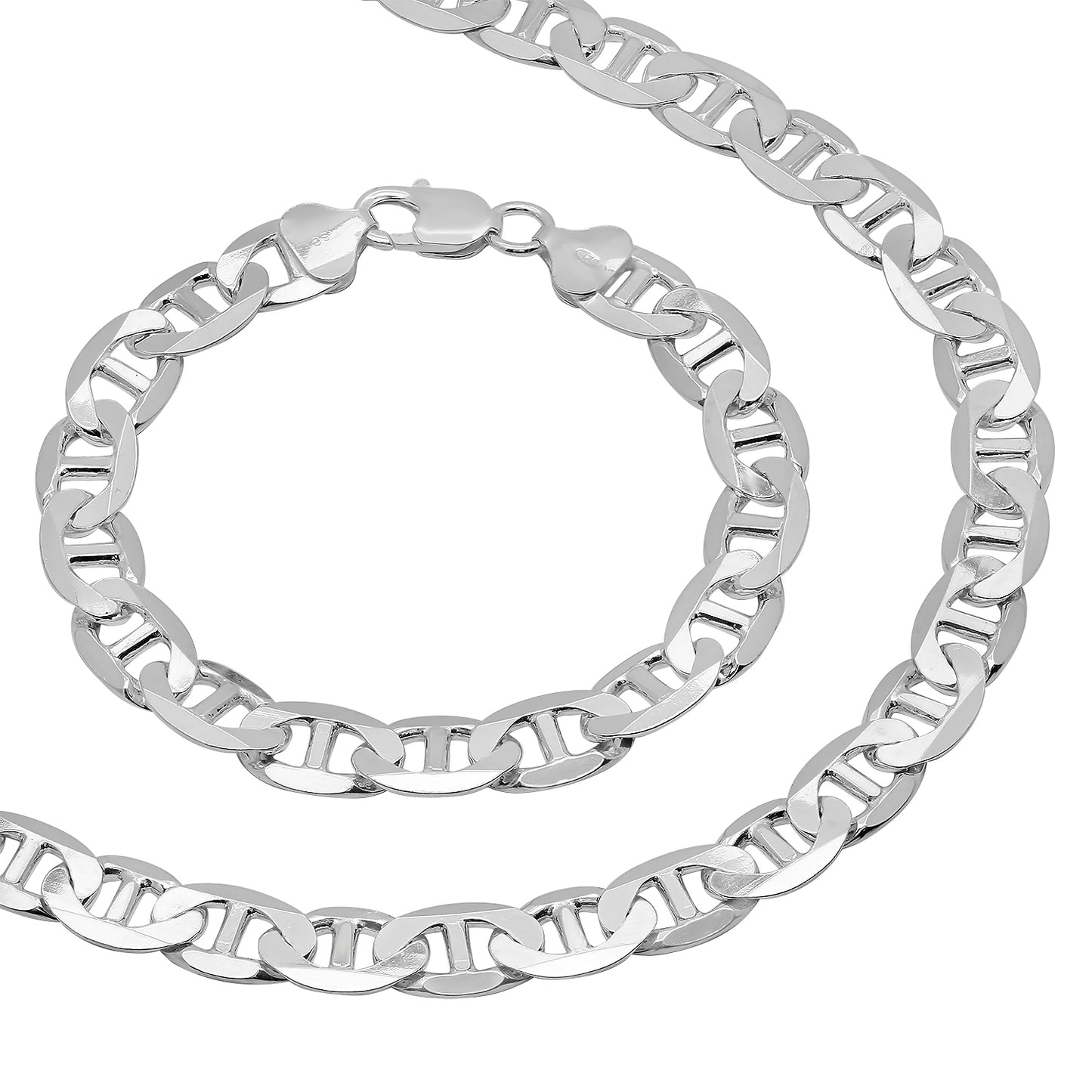 Men's 10mm Solid .925 Sterling Silver Flat Mariner Chain Necklace + Bracelet Set