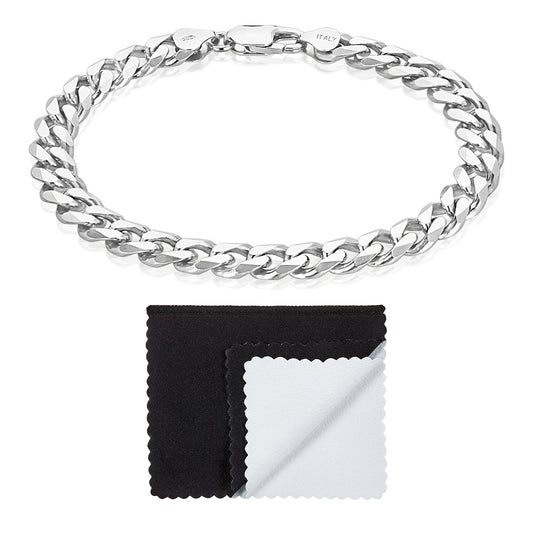 8.5mm Rhodium Plated Silver Flat Curb Chain Bracelet