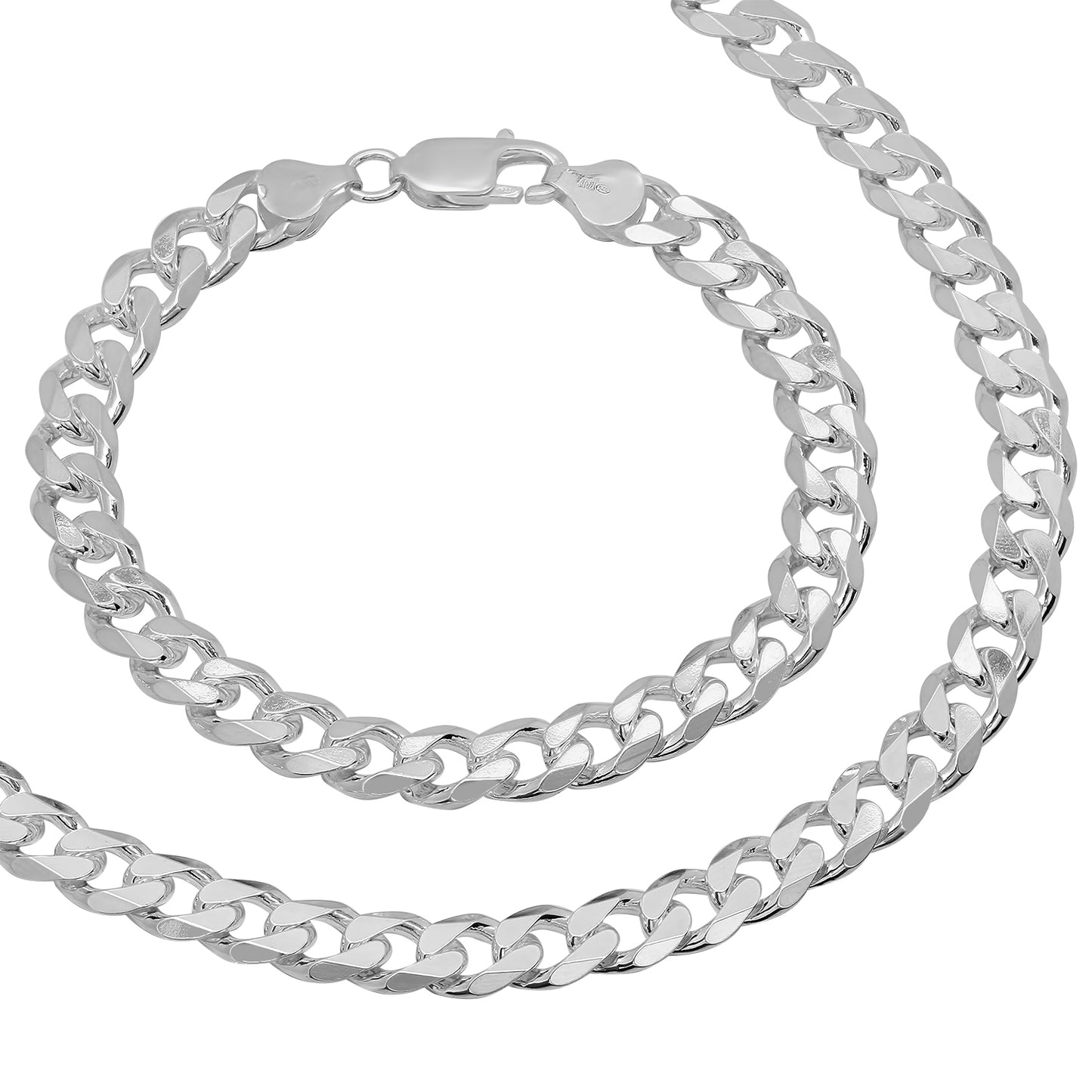 8.5mm Solid .925 Sterling Silver Flat Cuban Link Curb Chain Necklace + Bracelet Set