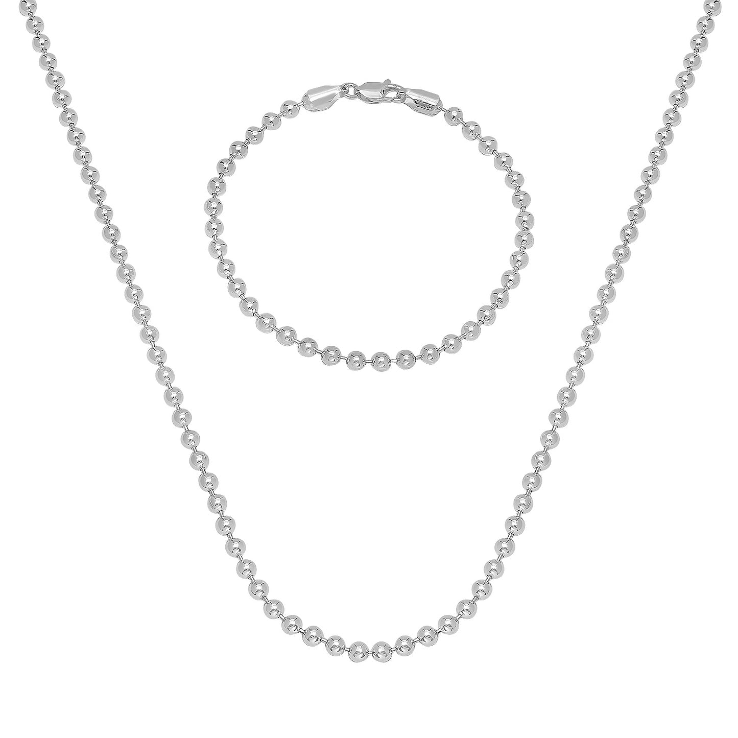 4mm Solid .925 Sterling Silver Military Ball Chain Necklace + Bracelet Set