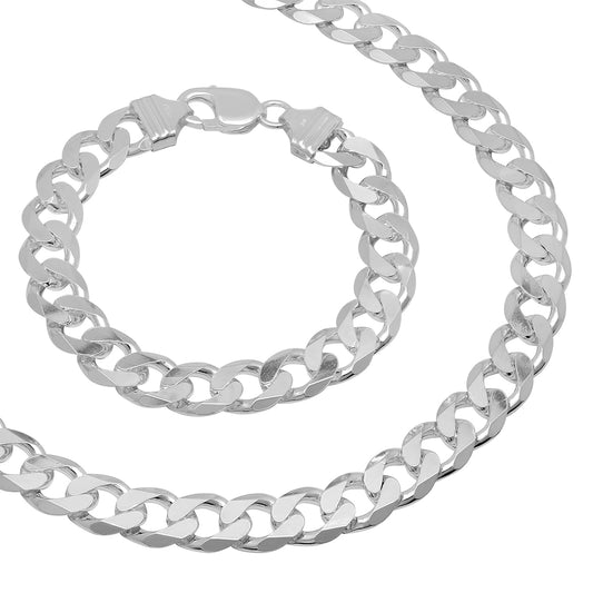 Men's 10.5mm Solid .925 Sterling Silver Flat Cuban Link Curb Chain Necklace + Bracelet Set