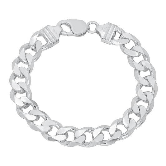 10.5mm Solid .925 Sterling Silver Beveled Curb Chain Bracelet