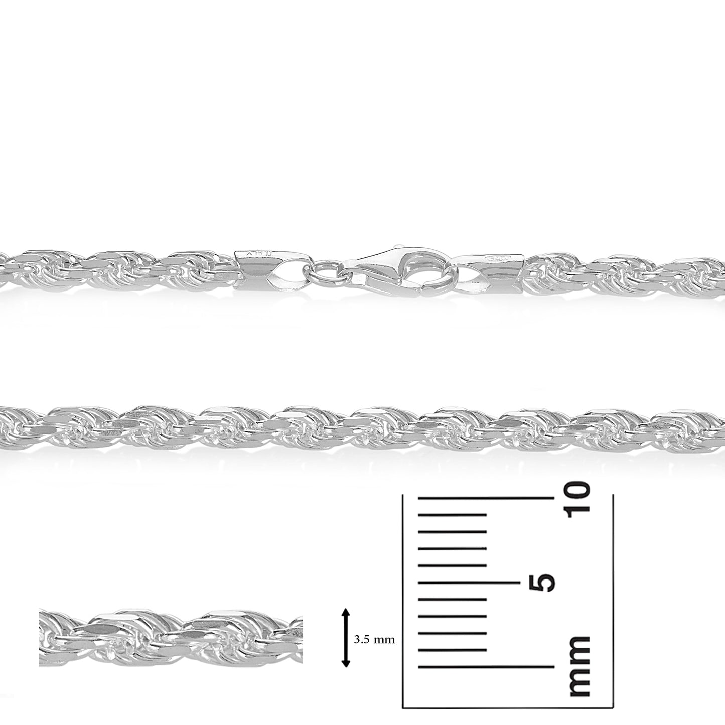 3.5mm Diamond-Cut Rhodium Plated Silver Twisted Rope Chain Bracelet