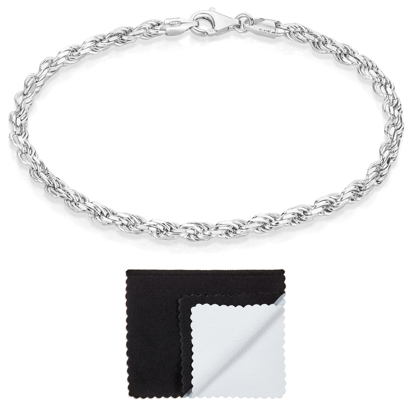 3.5mm Diamond-Cut Rhodium Plated Silver Twisted Rope Chain Bracelet