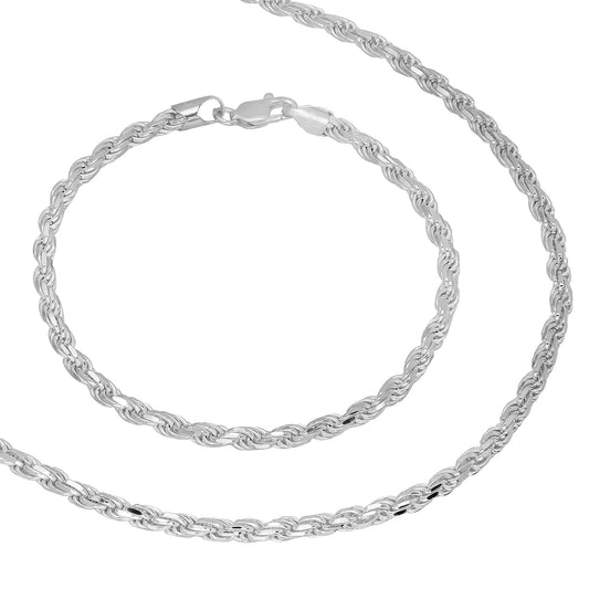 3.5mm .925 Sterling Silver Diamond-Cut Twisted Rope Chain Necklace + Bracelet Set