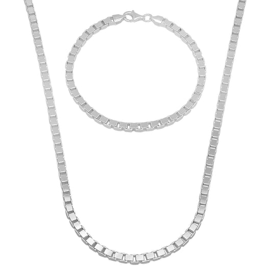 4.5mm Solid .925 Sterling Silver Square Box Chain Necklace + Bracelet Set