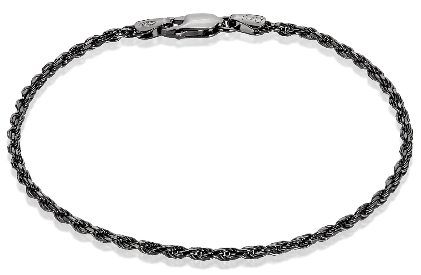 2.2mm Diamond-Cut Black Plated Silver Twisted Rope Chain Bracelet