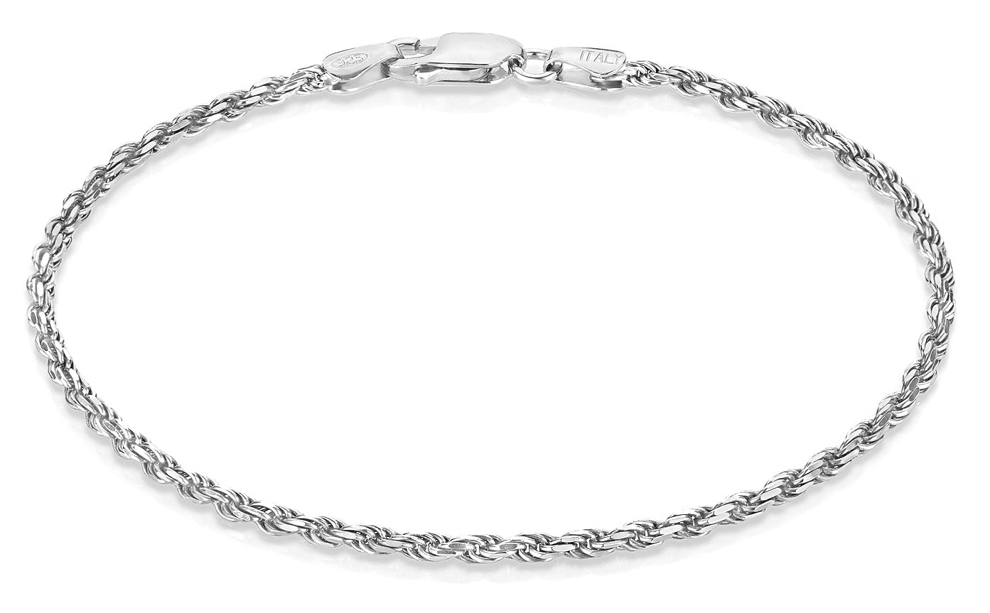 2.2mm Diamond-Cut Rhodium Plated Silver Twisted Rope Chain Bracelet