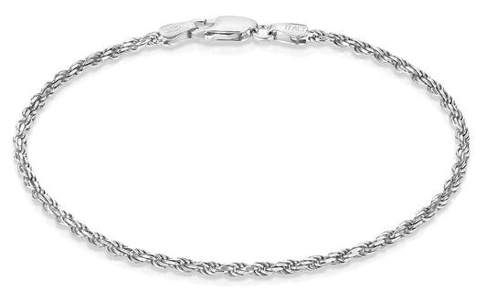 2.2mm Diamond-Cut Rhodium Plated Silver Twisted Rope Chain Bracelet