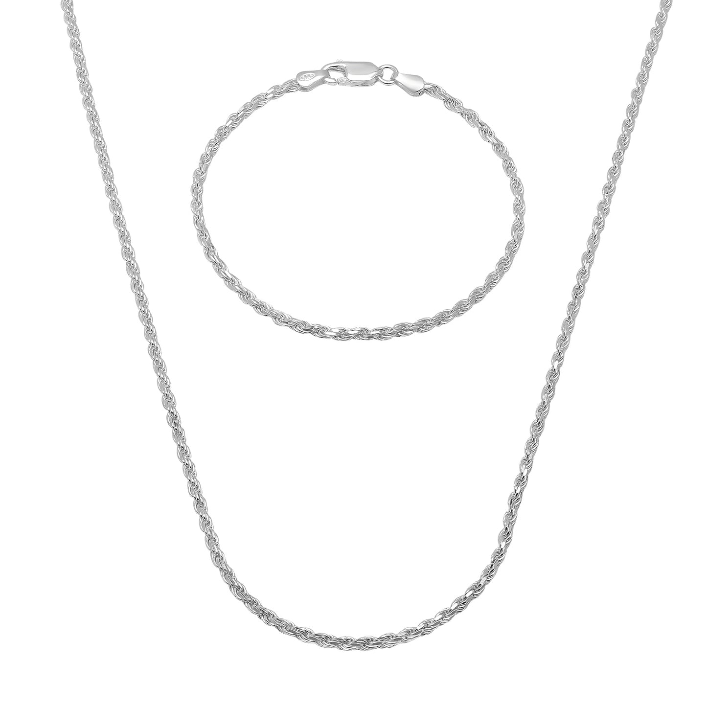 2.2mm .925 Sterling Silver Diamond-Cut Twisted Rope Chain Necklace + Bracelet Set