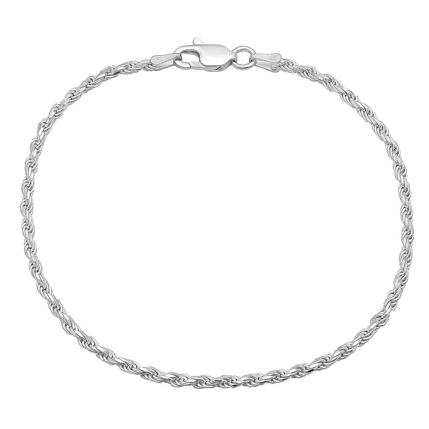 2mm-3mm Solid .925 Sterling Silver Diamond-Cut Twisted Rope Chain Anklet 9 -10" Made in Italy