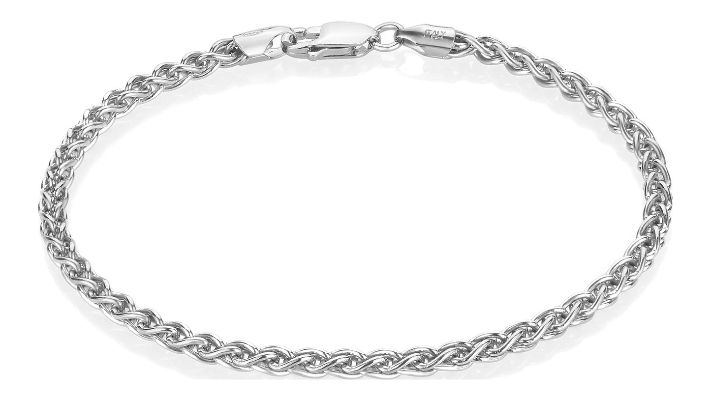 2.7mm Rhodium Plated Silver Braided Wheat Chain Bracelet