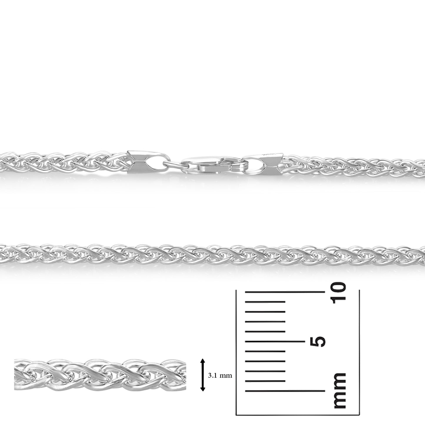 2.7mm Rhodium Plated Silver Braided Wheat Chain Bracelet