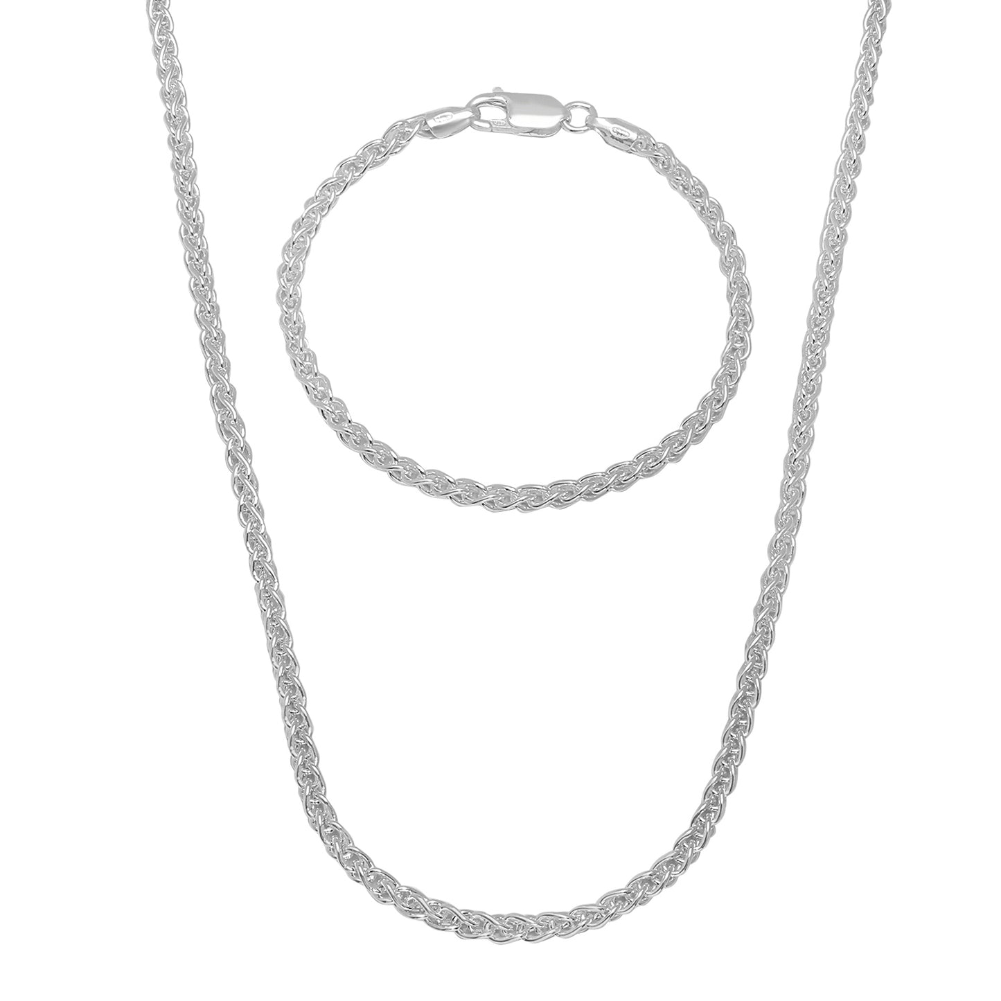 2.7mm Solid .925 Sterling Silver Braided Wheat Chain Necklace + Bracelet Set