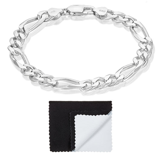 8mm Rhodium Plated Silver Flat Figaro Chain Bracelet