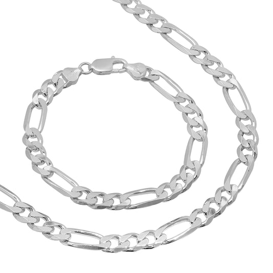 8mm Solid .925 Sterling Silver Flat Figaro Chain Necklace + Bracelet Set