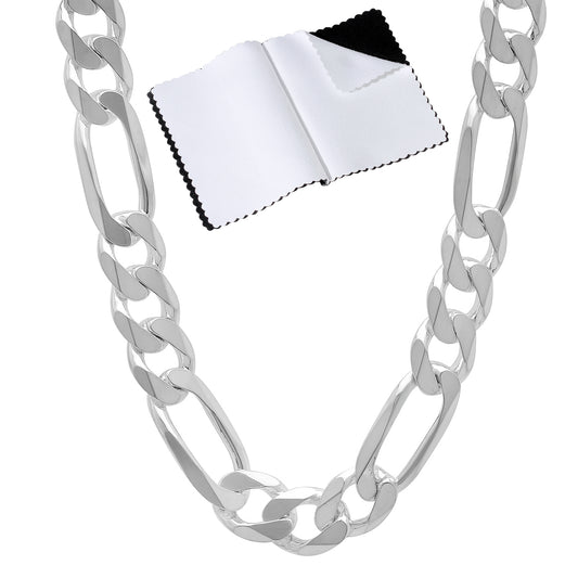 Men's 8mm Solid .925 Sterling Silver Flat Figaro Chain Necklace + Gift Box