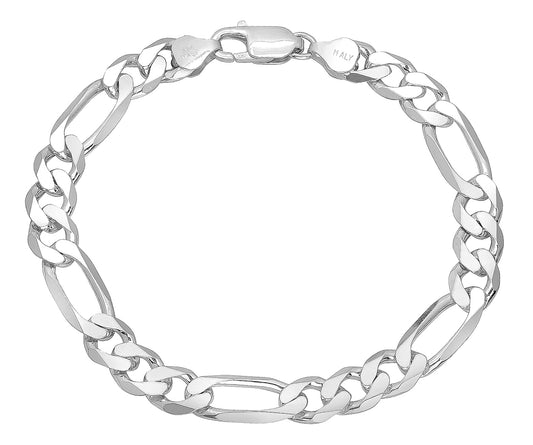 8mm Solid .925 Sterling Silver Flat Figaro Chain Bracelet + Gift Box