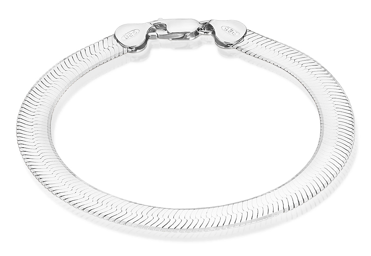 6.7mm Rhodium Plated Silver Flat Herringbone Chain Bracelet