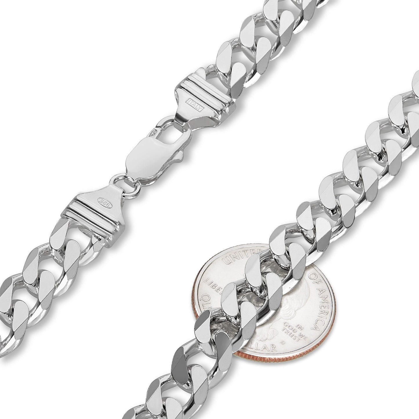 Men's 9.2mm Solid .925 Sterling Silver Beveled Curb Chain Necklace